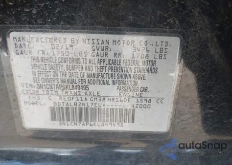 2019 Nissan Versa 1.6 Sv z USA, uszkodzony, nr VIN 3N1CN7AP6KL849495